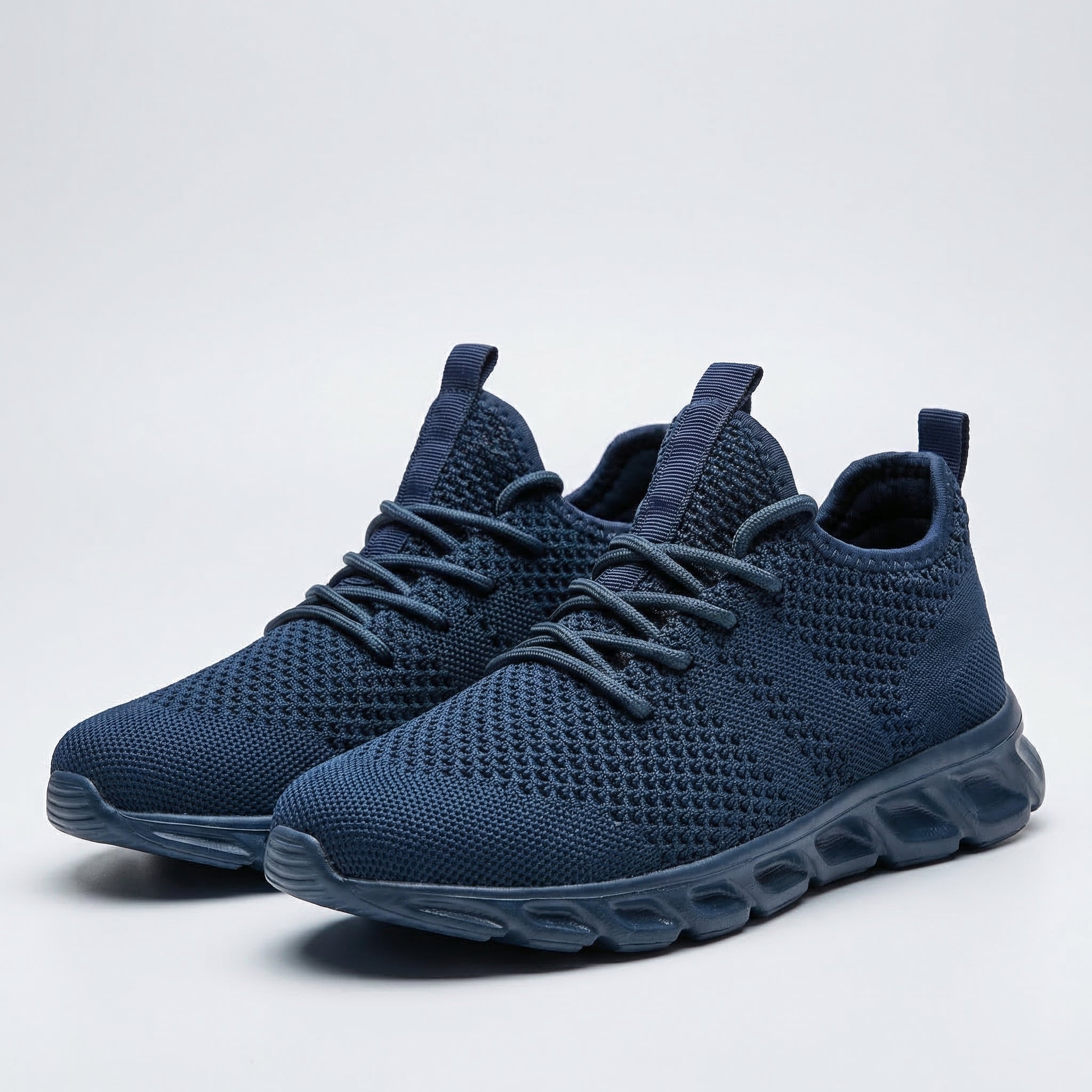 Scarpe comfort casual blu scuro in maglia, con lacci e suola ammortizzata