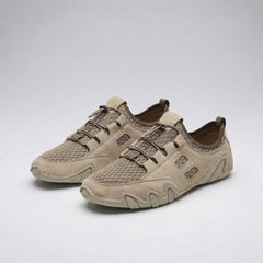 Scarpe da uomo beige/kaki con lacci e pannelli traforati, suola ammortizzata