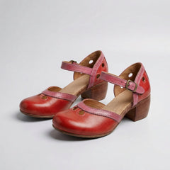 Sandali ortopedici con tacco basso a blocco, scarpe rosse con cinturini rosa e fibbie