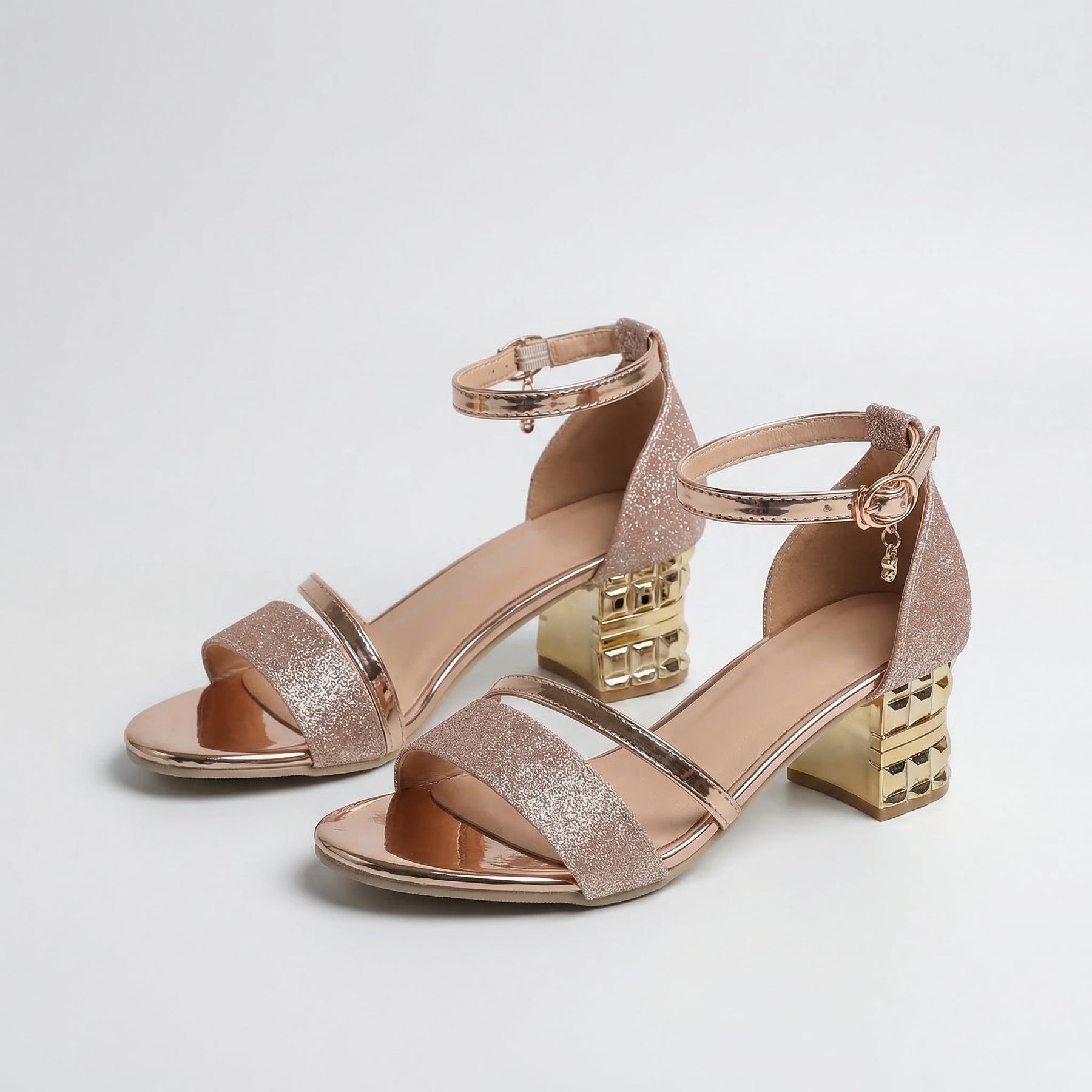 Sandali ortopedici rosa oro glitter con cinturini metallizzati e tacco blocco
