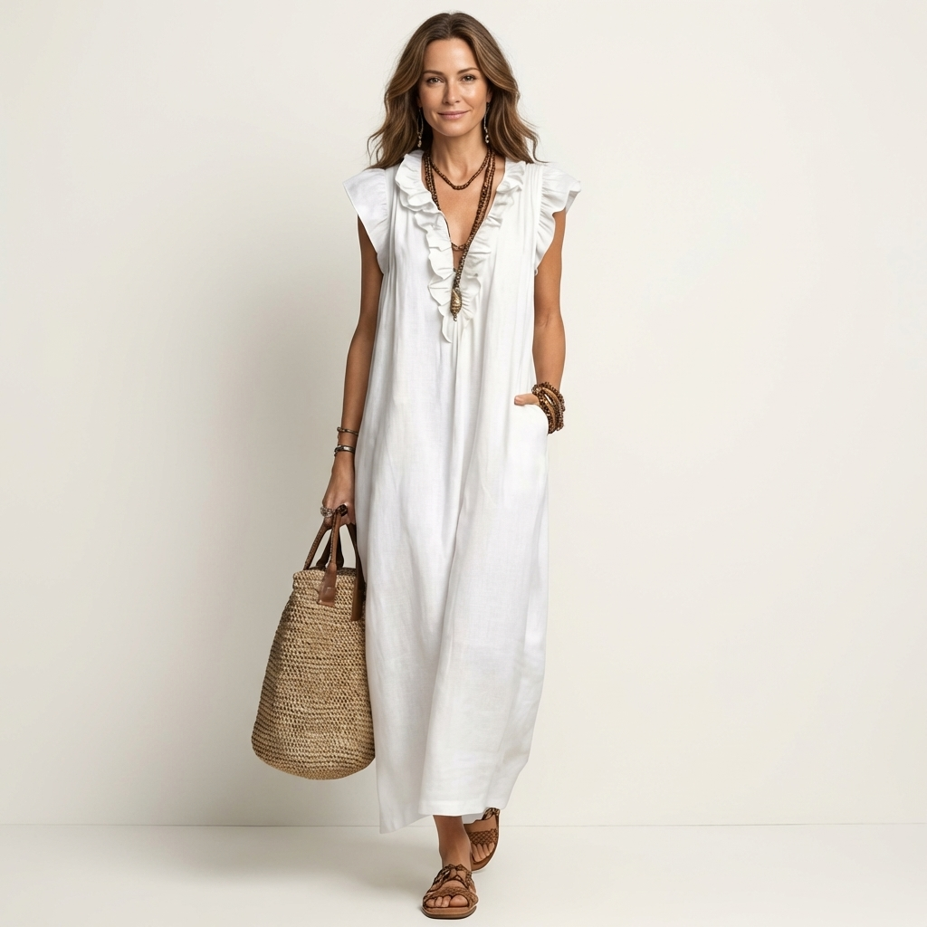 White ruffle V-neck sleeveless maxi dress with layered neckline