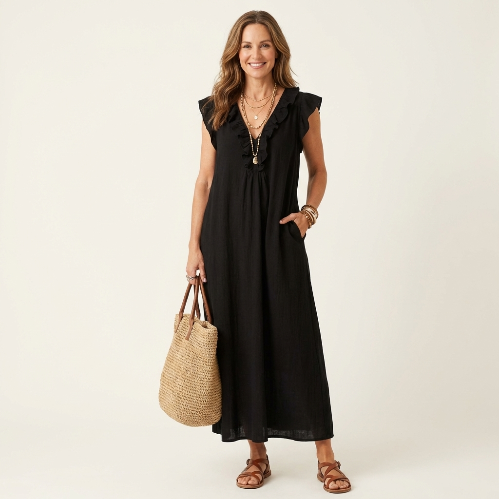 Black ruffle V-neck sleeveless maxi dress with gathered neckline trim