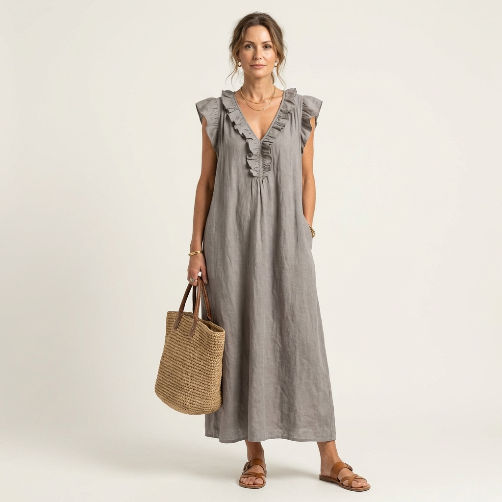 Gray ruffle V-neck sleeveless maxi dress with gathered neckline trim