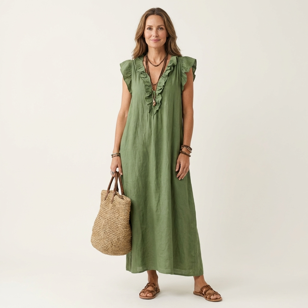 Green ruffle V-neck sleeveless maxi dress with gathered neckline trim