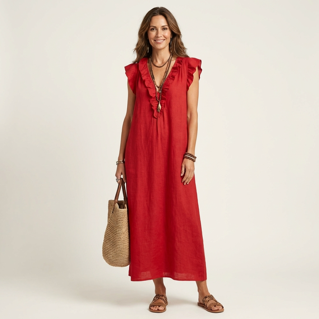 Red ruffle V-neck sleeveless maxi dress with gathered front neckline