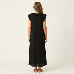 Black ruffle-shoulder sleeveless maxi dress with gathered back yoke