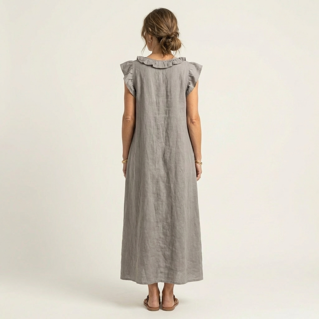 Gray ruffle-shoulder sleeveless maxi dress with gathered back yoke