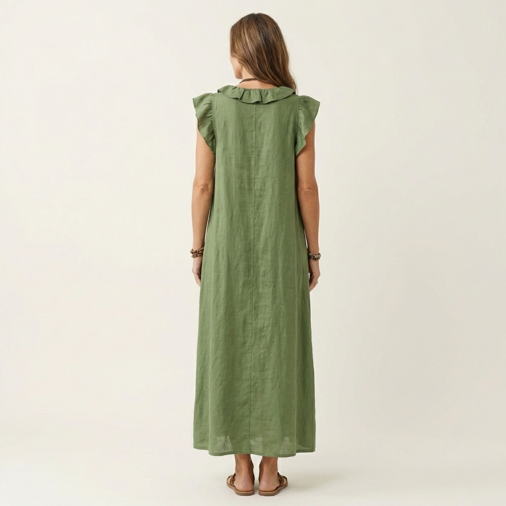Green ruffle-shoulder sleeveless maxi dress with gathered back yoke