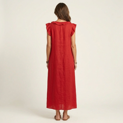Red ruffle-shoulder sleeveless maxi dress with gathered back yoke