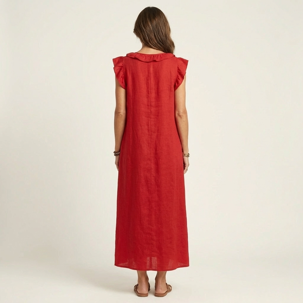 Red ruffle-shoulder sleeveless maxi dress with gathered back yoke