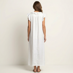 White sleeveless maxi dress with ruffled yoke and button back detail