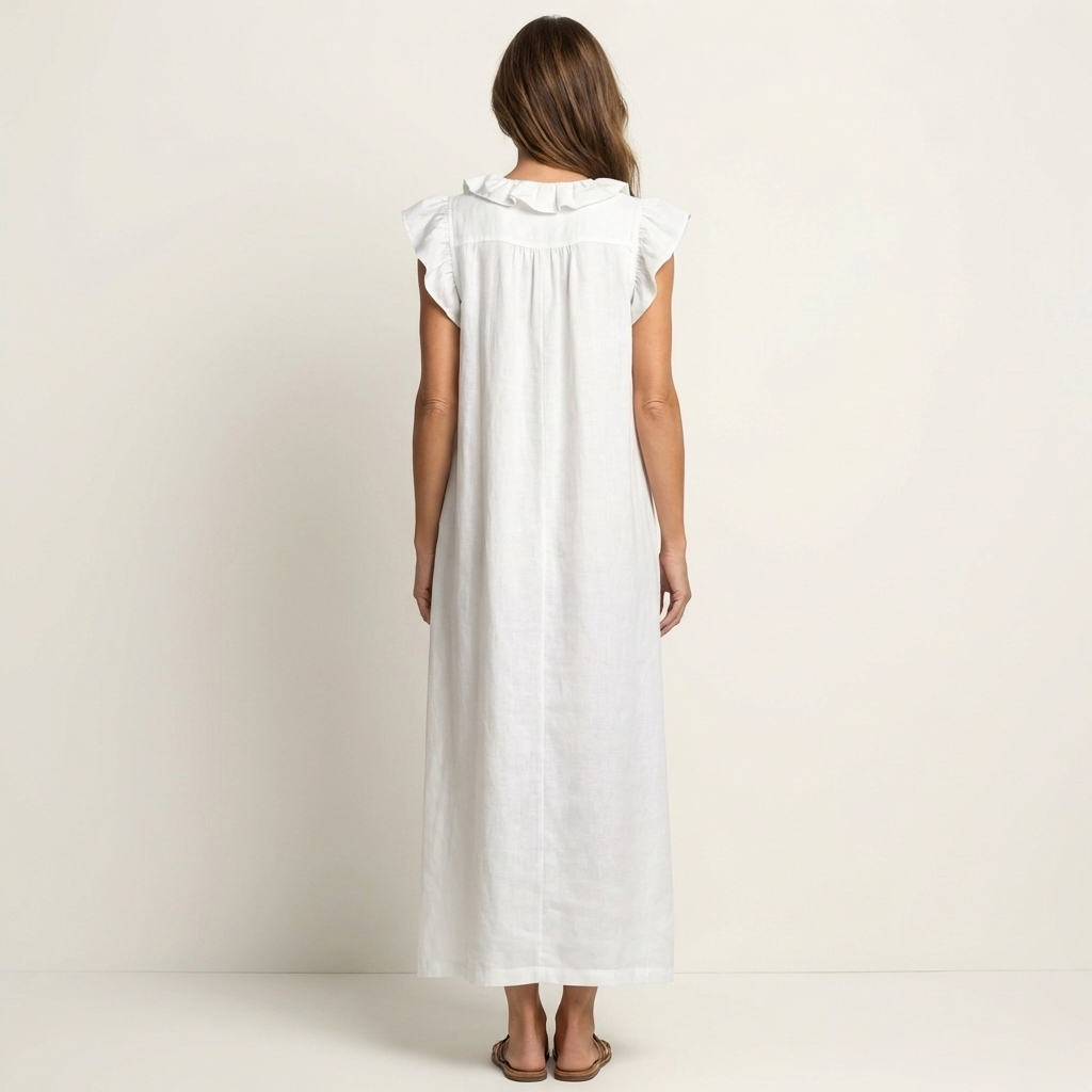 White sleeveless maxi dress with ruffled yoke and button back detail