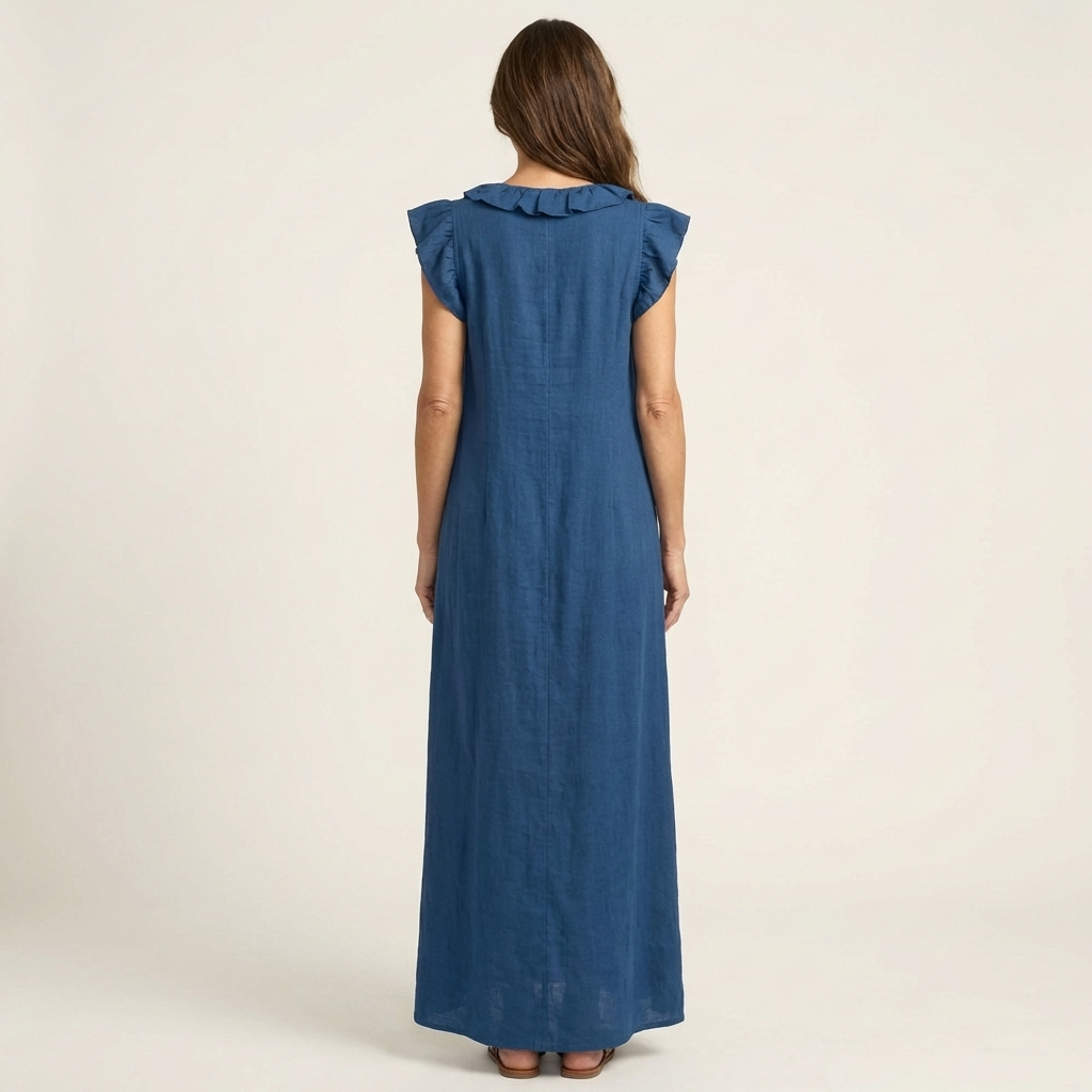 Blue ruffle-shoulder sleeveless maxi dress with gathered back yoke