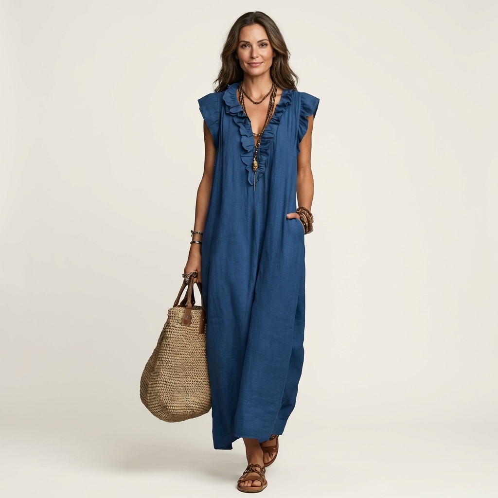 Blue ruffle V-neck sleeveless maxi dress with gathered neckline detail