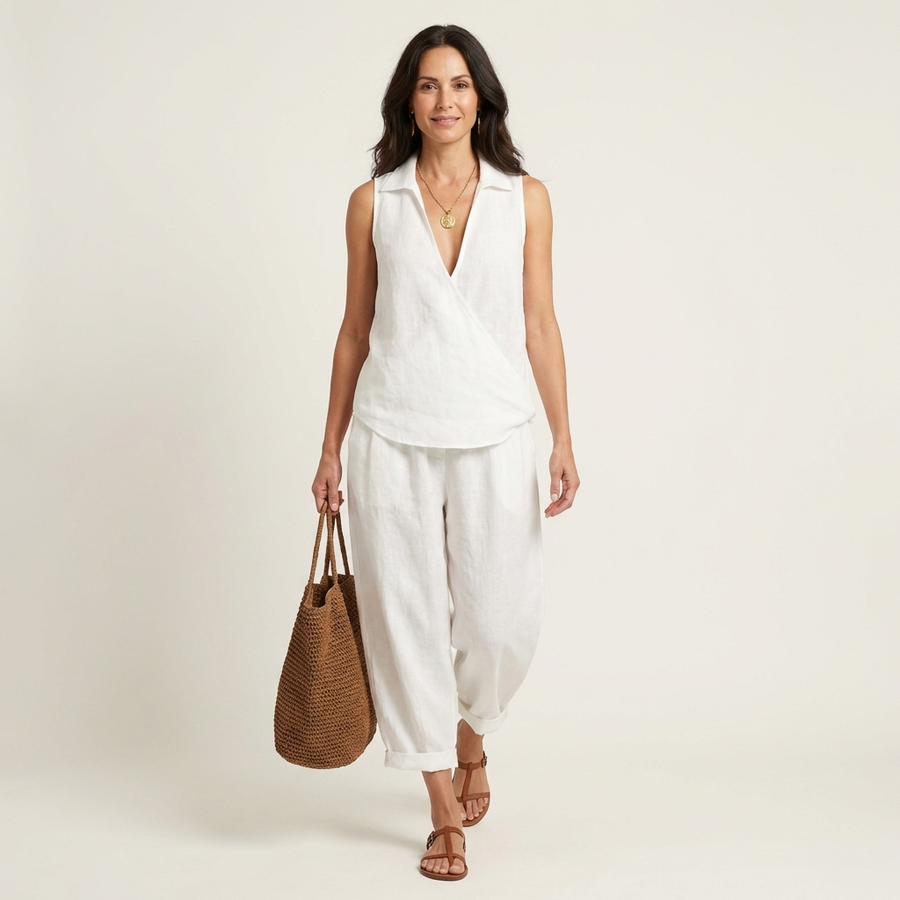 White sleeveless wrap-top and wide-leg pants set, V-neck front.