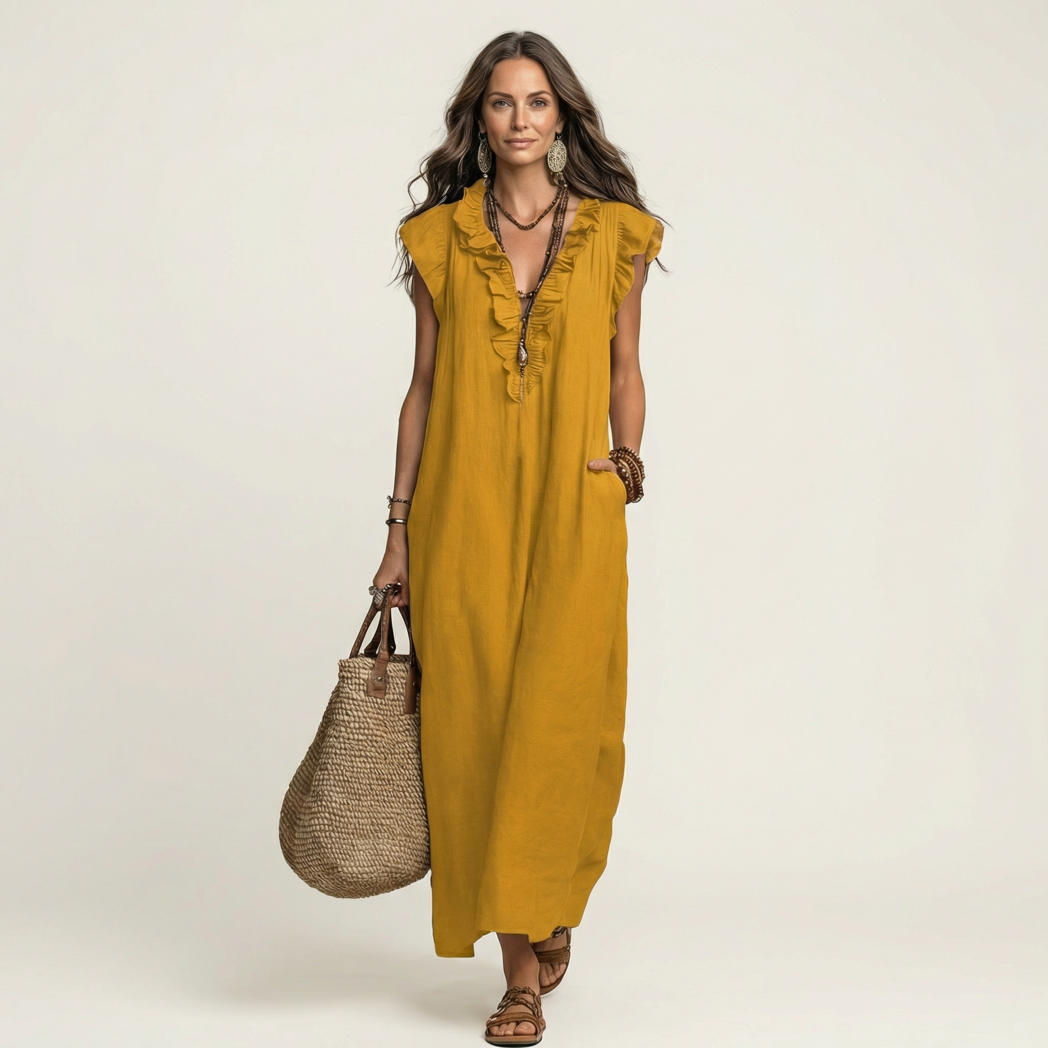 Mustard yellow ruffle V-neck sleeveless maxi dress with layered neckline