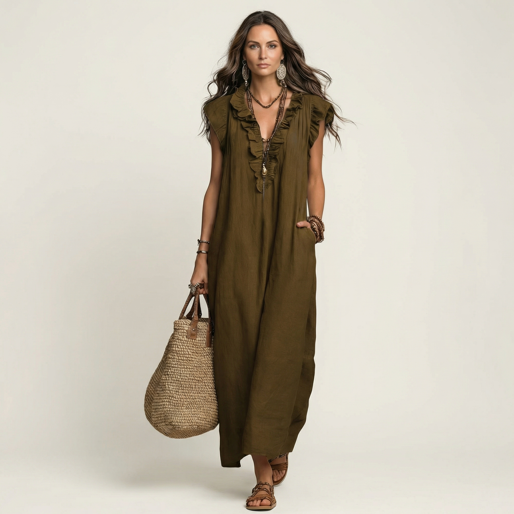 Olive ruffle V-neck sleeveless maxi dress with layered neckline