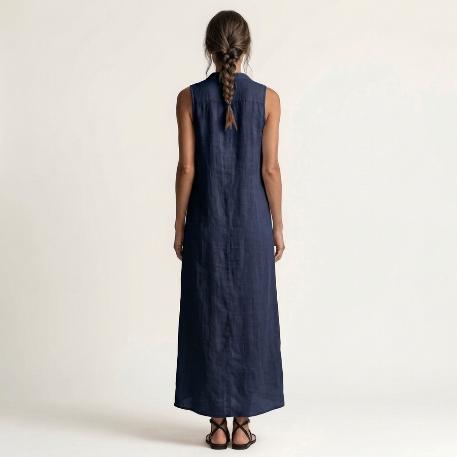 Navy hooded linen maxi dress, sleeveless, button-front styling (back view)