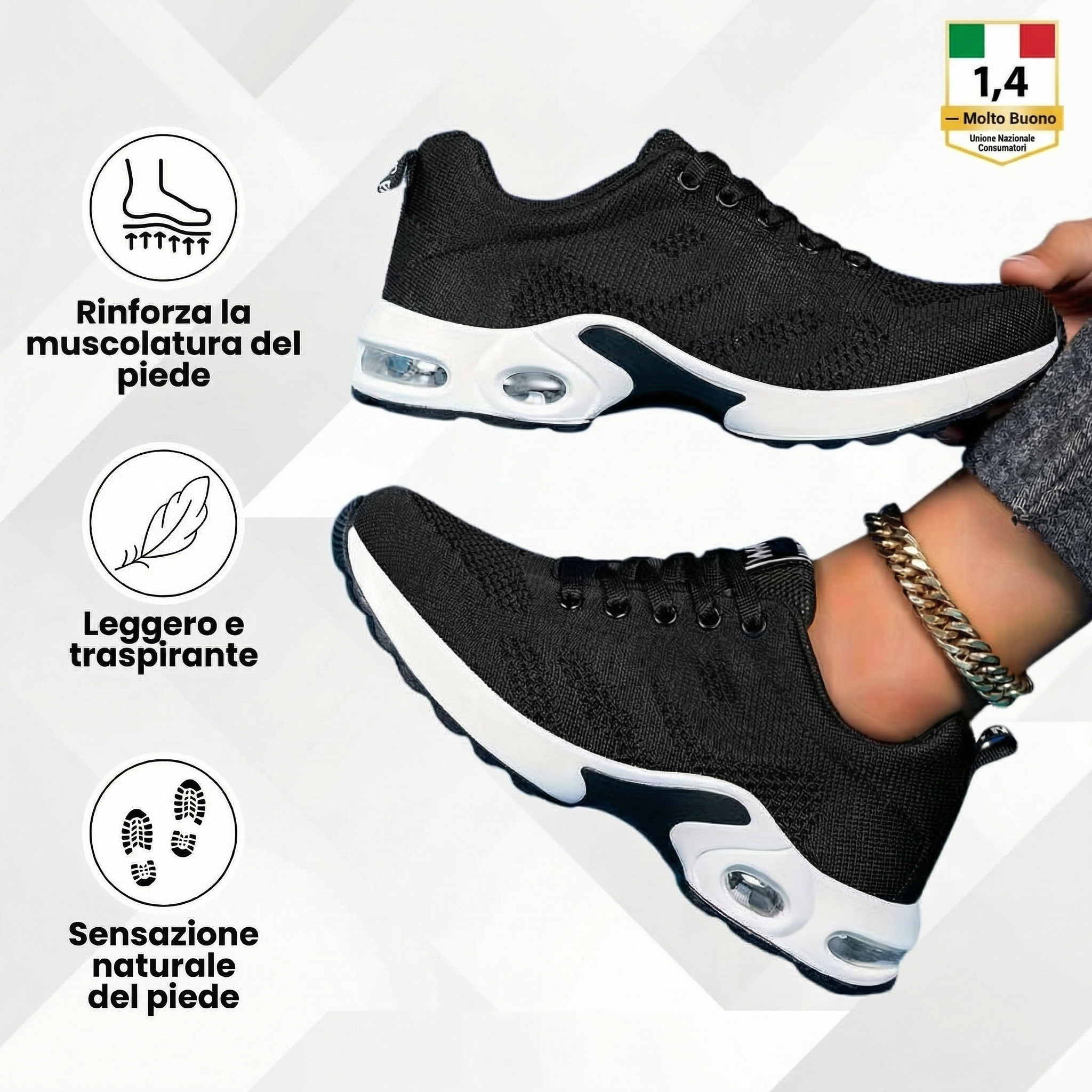 Scarpe ergonomiche nere con lacci e suola ammortizzata bianca con inserti ovali