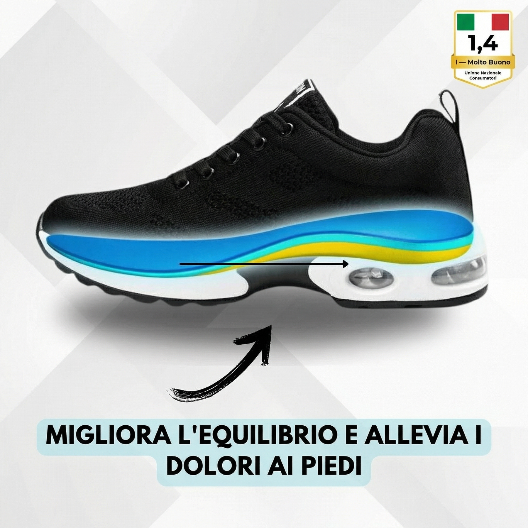Scarpa ergonomica nera con lacci, suola blu e inserti ovali trasparenti