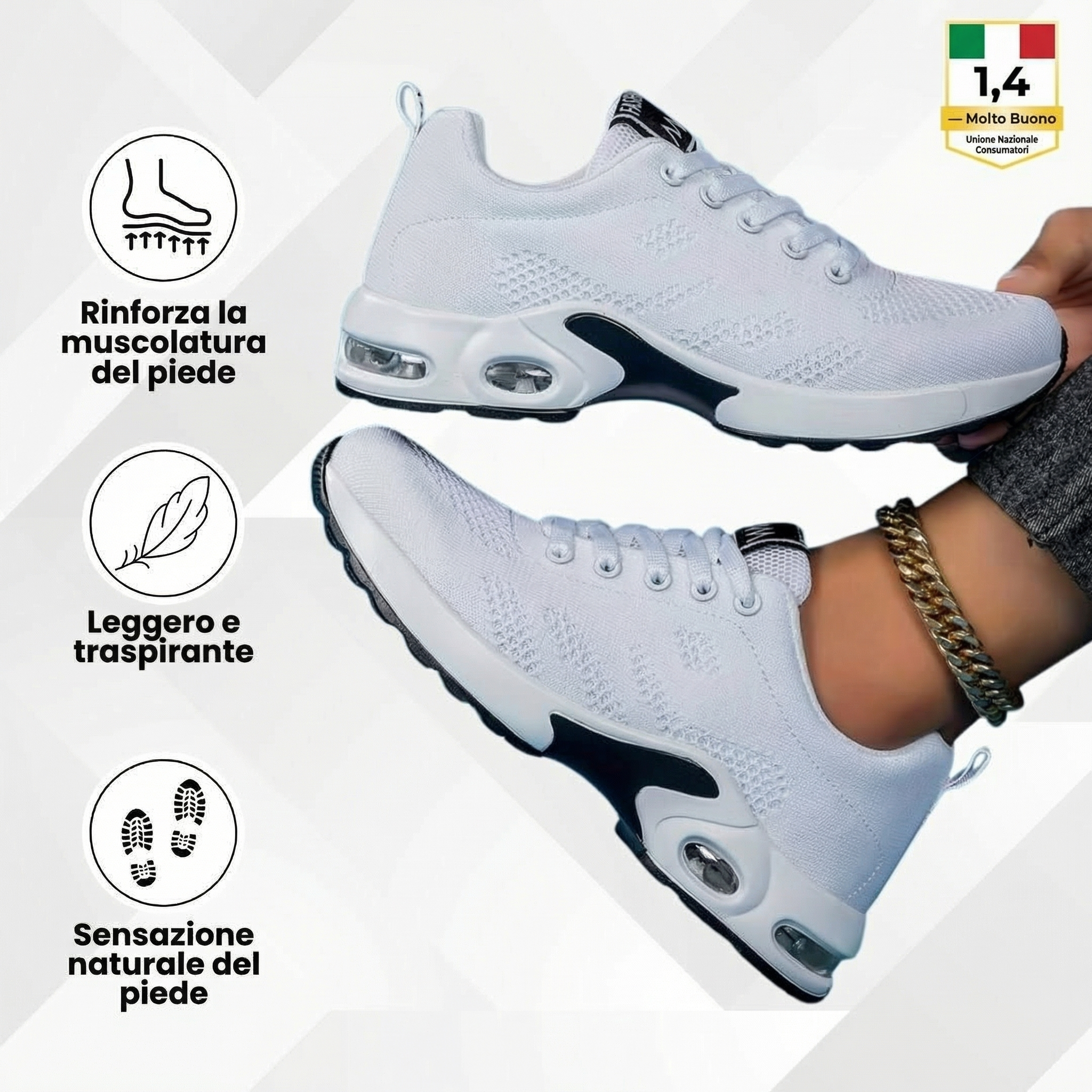 Scarpe ergonomiche azzurre con lacci, suola ammortizzata nera e inserti ovali grigi