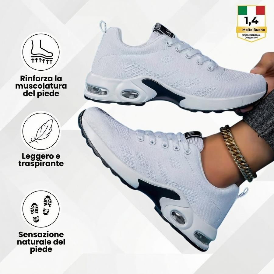 Scarpe ergonomiche azzurre con lacci, suola ammortizzata nera e inserti ovali grigi