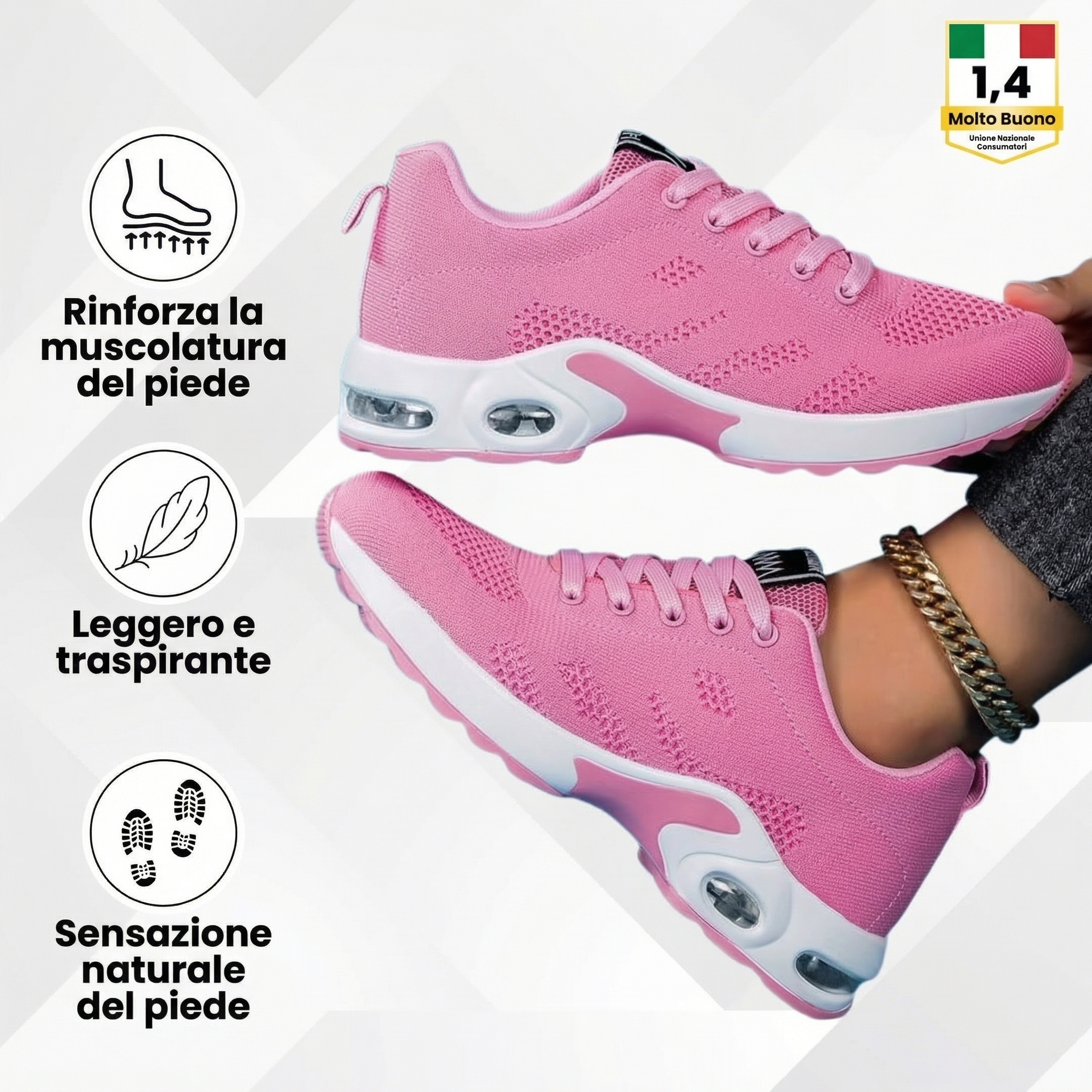 Scarpe ergonomiche rosa con suola bianca e inserti ammortizzati, vista laterale