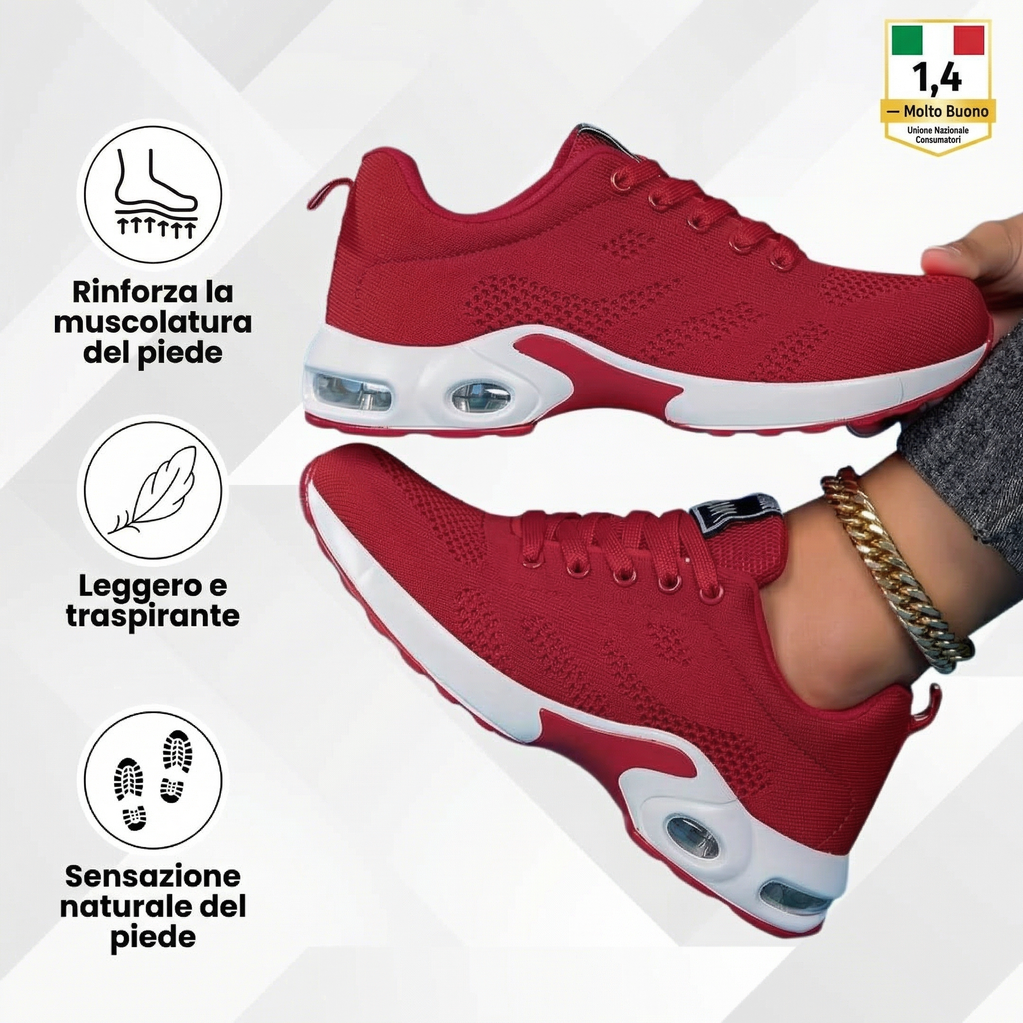 Scarpe ergonomiche rosse con lacci e suola ammortizzata bianca con inserti ovali