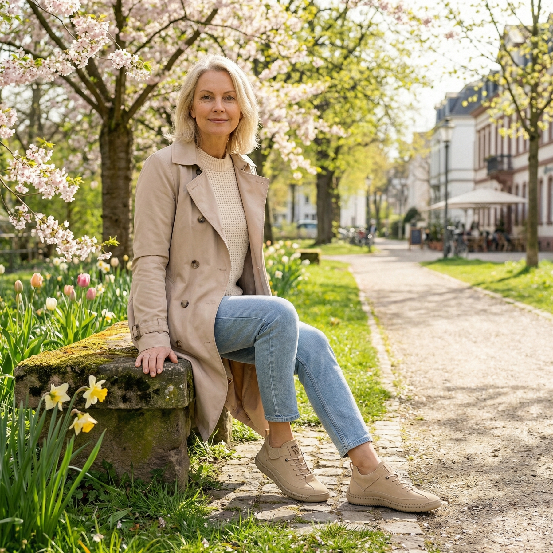 Scarpe ortopediche comode beige con lacci e suola a trama, indossate
