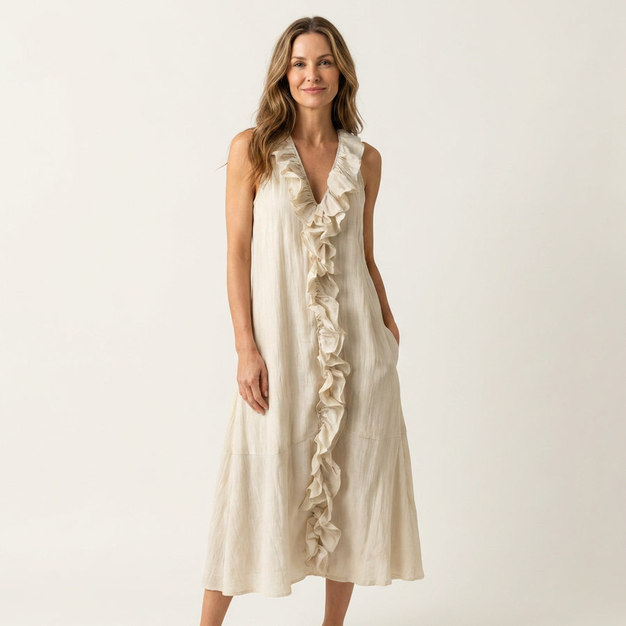 Sleeveless linen maxi dress in cream, V-neck with ruffle-front detail