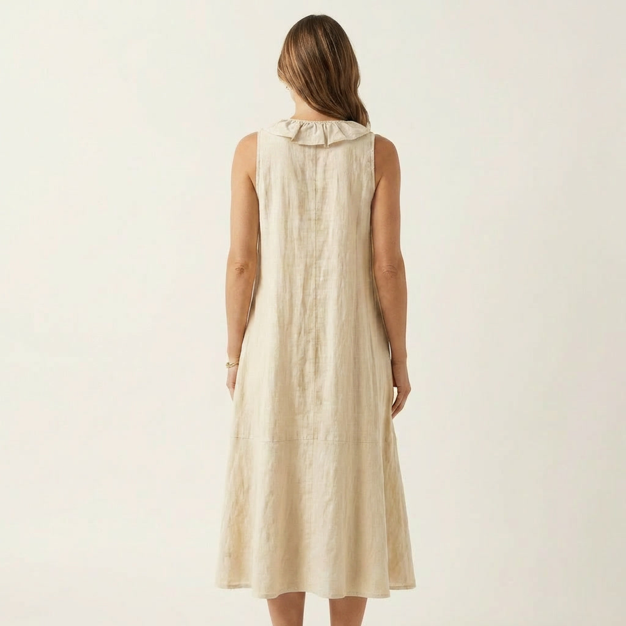 Sleeveless linen maxi dress back view in cream with raised neck ruffle