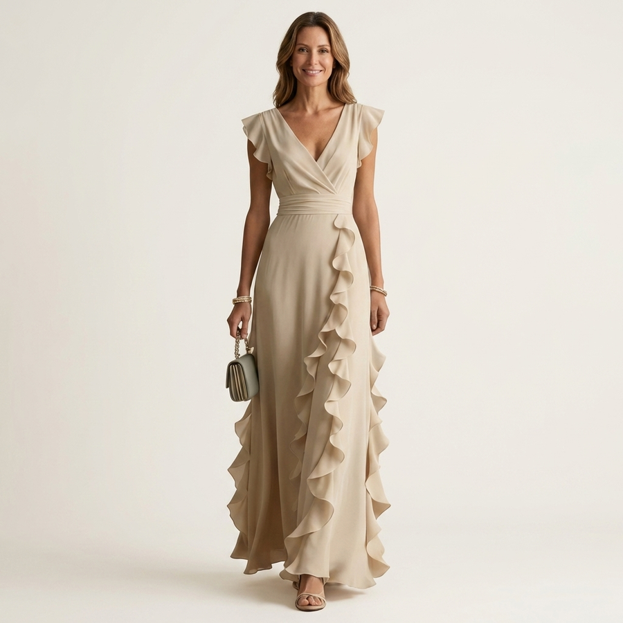 Cream wrap-style V-neck maxi dress with flutter sleeves and cascading ruffle skirt