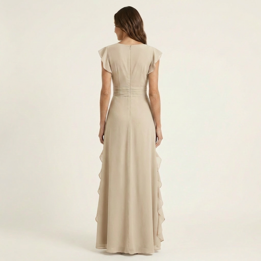 Cream wrap-style V-neck maxi dress, back view with flutter sleeves and ruffle detailing