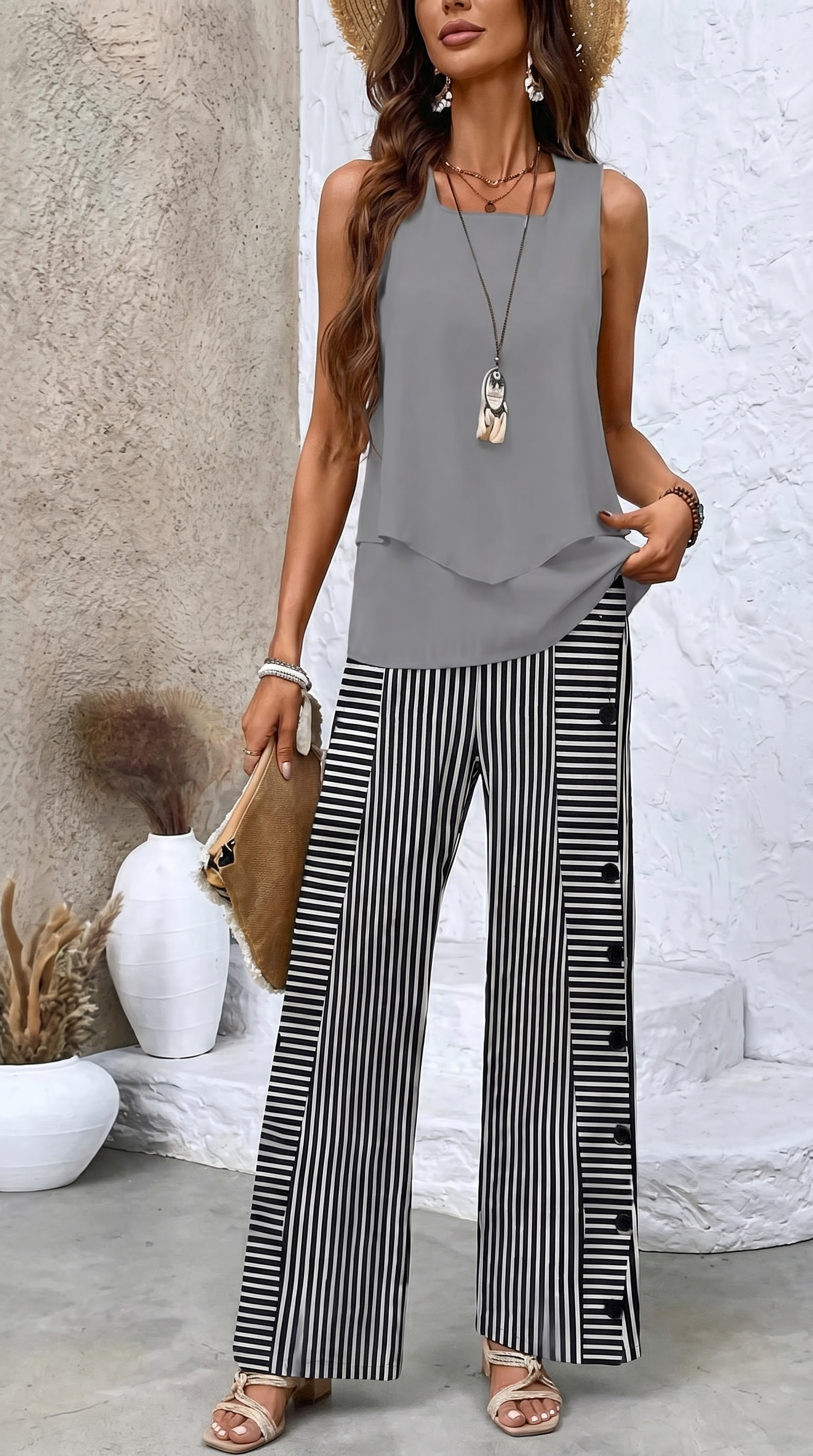 Completo leggero da donna: top grigio smanicato e pantaloni a righe nere e bianche