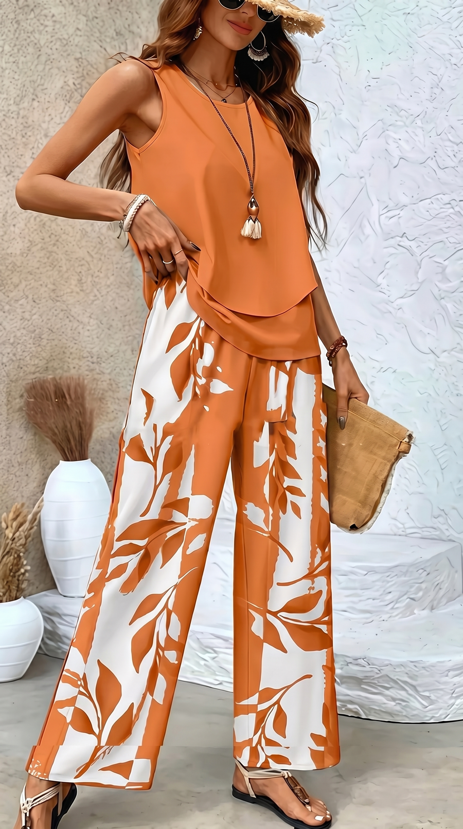 Set estivo elegante arancione: top smanicato e pantaloni ampi con foglie bianche