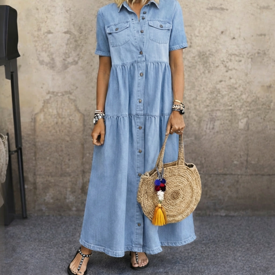 ELIZABETH button-front midi dress, sky blue, tiered skirt, short sleeves, chest pockets