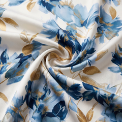 Tessuto del vestito: fantasia floreale blu e beige su fondo chiaro