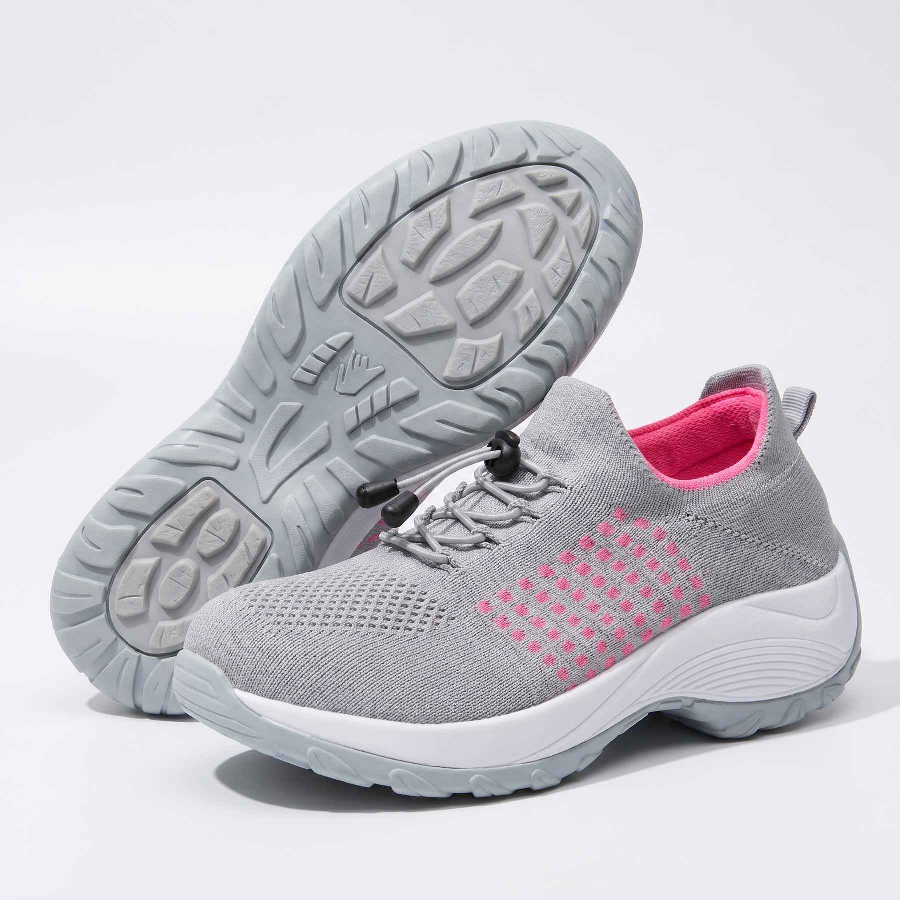 Scarpe comfort ortopediche grigie con motivo a griglia rosa e lacci grigi, suola chiara