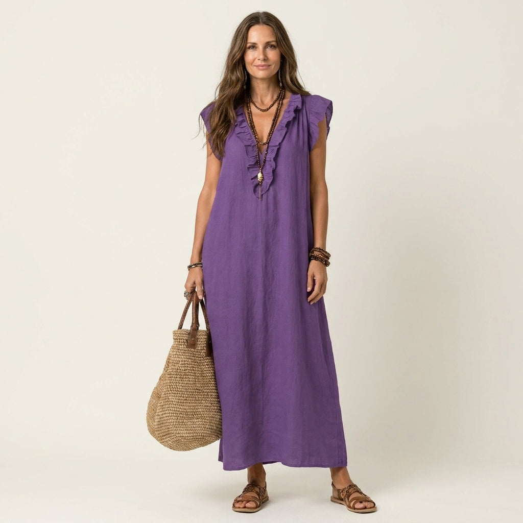 Purple ruffle V-neck sleeveless maxi dress with layered neckline