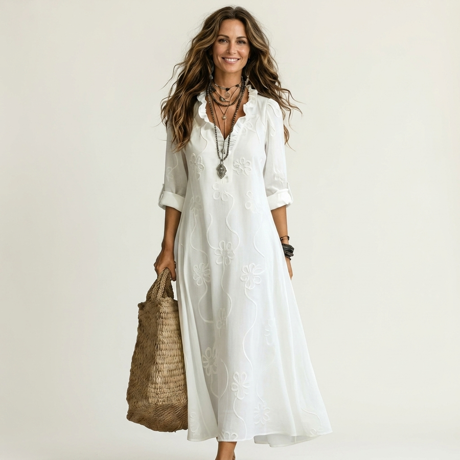 White cotton-linen maxi dress with tonal floral embroidery, V-neck, elbow sleeves
