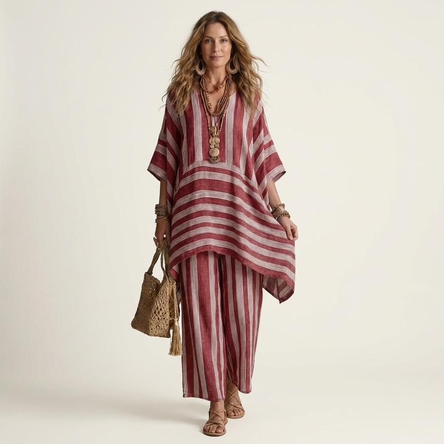 Red and white striped cotton-linen two-piece set, loose tunic top and wide-leg pants