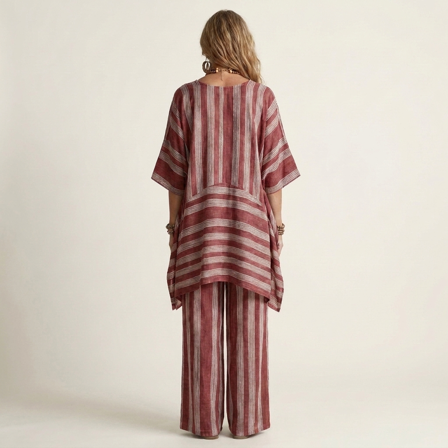 Back view of red and white striped two-piece set with loose tunic and wide-leg pants