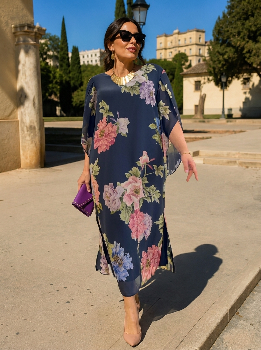 Abito maxi chiffon blu scuro con fiori rosa, lilla e verdi, spacco laterale