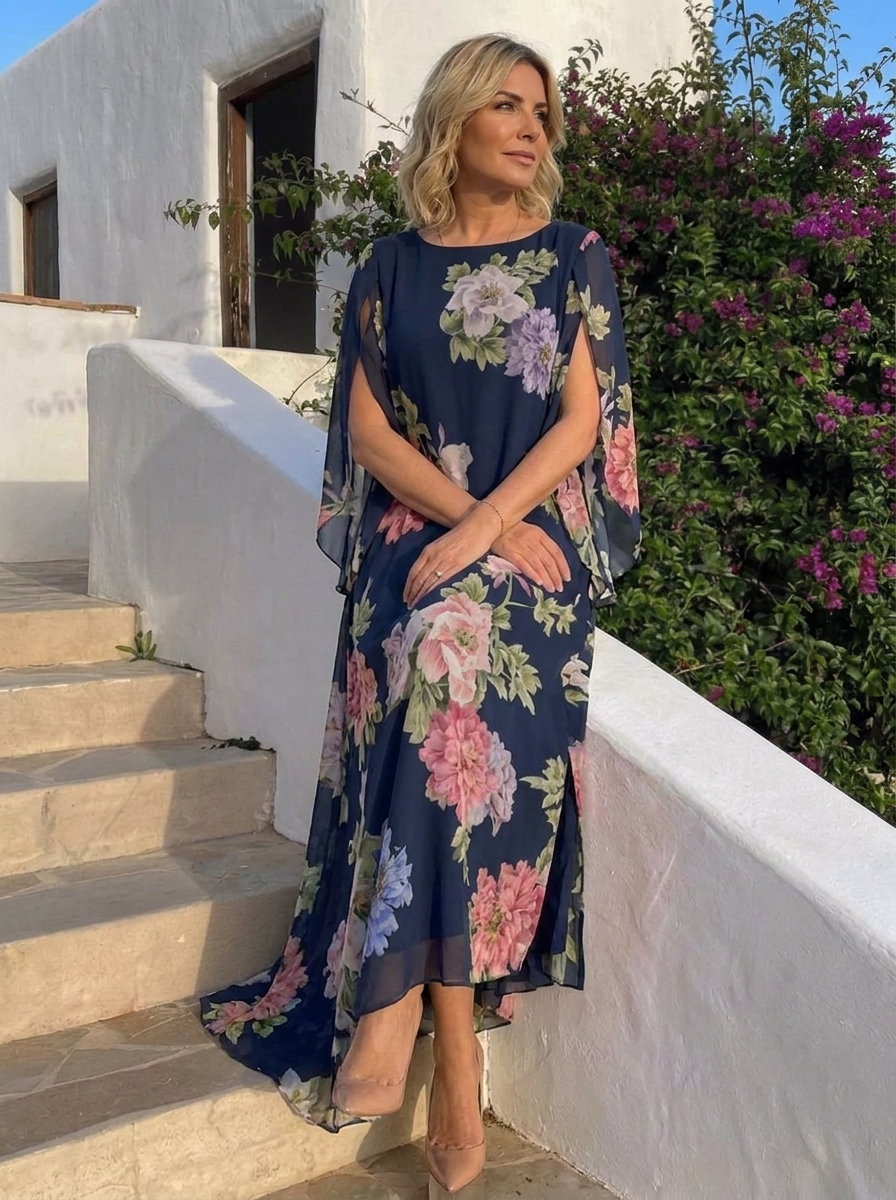 Abito maxi chiffon blu scuro con fiori rosa e lilla, scollo rotondo, maniche morbide