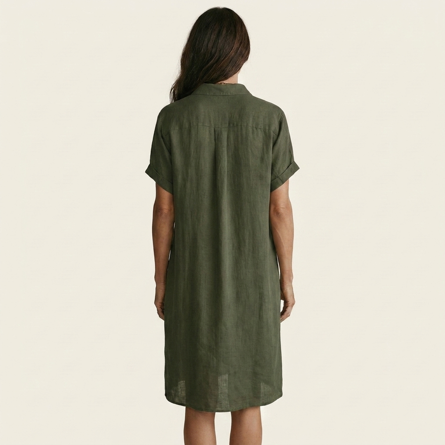 Back view of green cotton-linen midi shirt dress with button placket and short sleeves