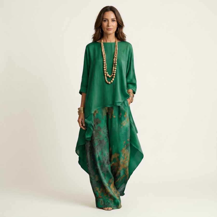 Cotton-silk two-piece set with asymmetric tunic and floral wide-leg pants, green