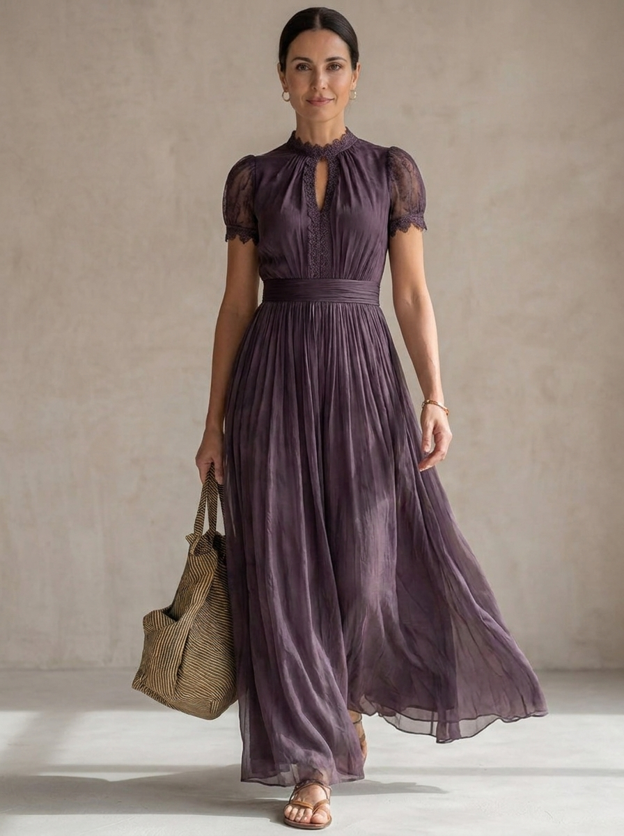 Abito maxi viola in tulle con scollo a goccia, cintura in vita e gonna ampia