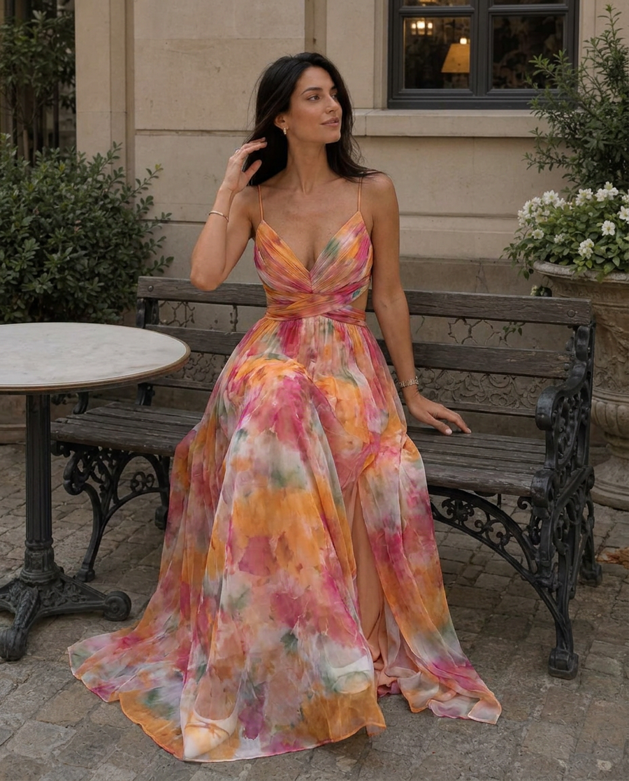 Vestito lungo con spalline sottili e scollo a V, fantasia acquerello rosa-arancio, gonna ampia