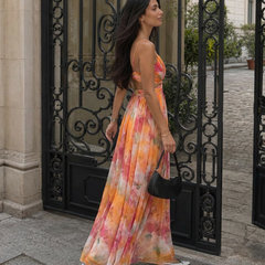 Vestito lungo con spalline sottili e scollo a V, fantasia acquerello multicolore, gonna svasata