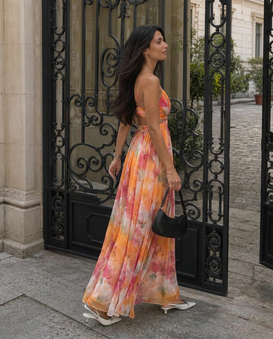 Vestito lungo con spalline sottili e scollo a V, fantasia acquerello multicolore, gonna svasata